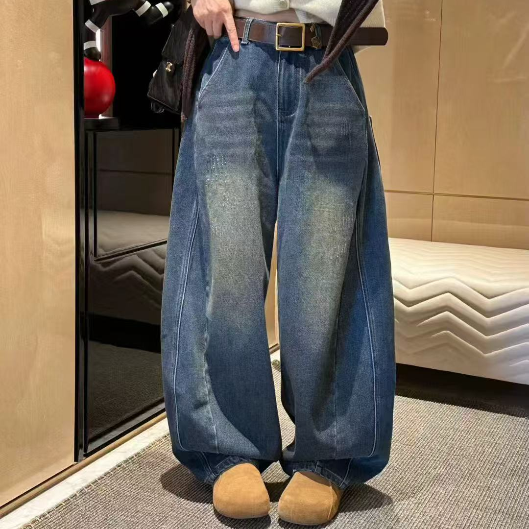 欧洲站2025冬季新款复合绒立体裁剪休闲弯刀裤无弹显瘦拖地牛仔裤