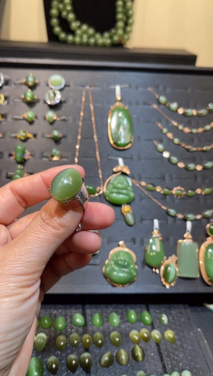 【闪购商品】和田玉碧玉猫眼戒指银S925镶嵌多样性发一