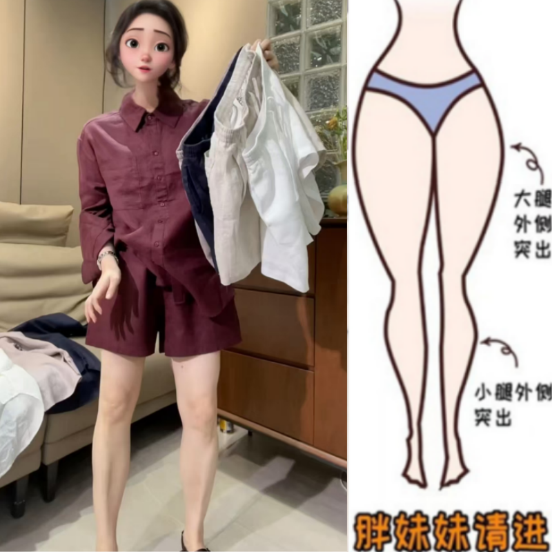 格洛森胖妹妹夏季新款梨型身材高腰显瘦休闲裤设计感亚麻阔腿短裤