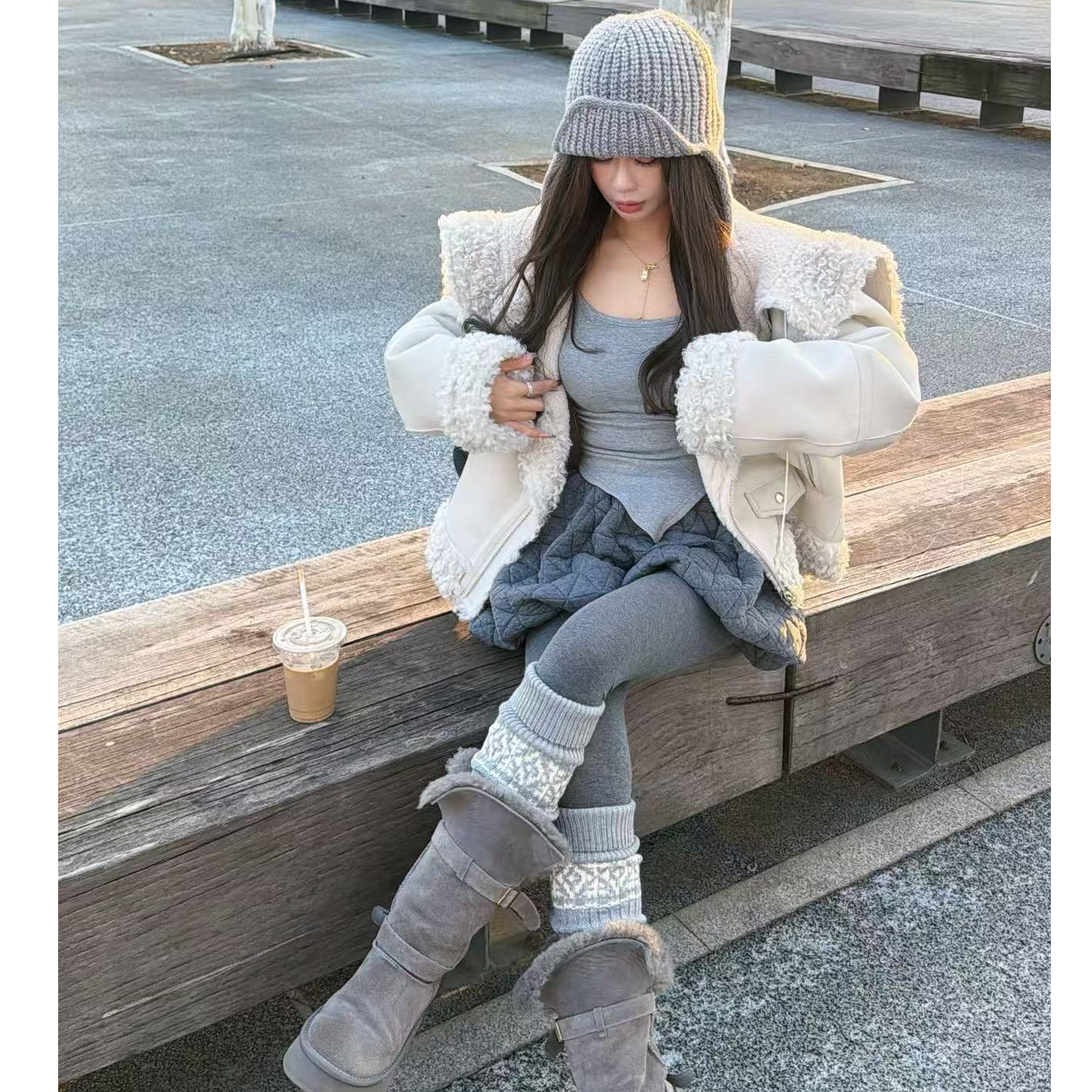 【YKL】松烟染袖 灰色方领斜角上衣深灰夹棉灯笼短裤米白两穿领外套