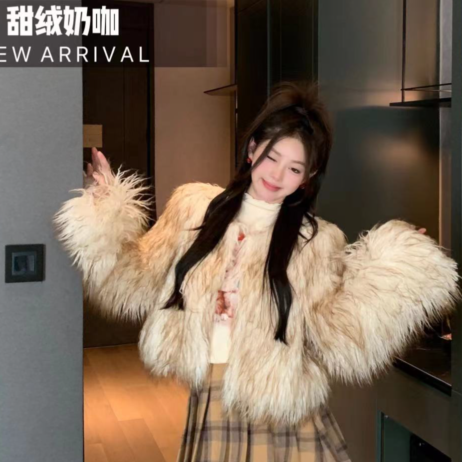 胖小仙秋冬<甜绒奶咖>毛毛外套微胖显瘦大码柔软保暖舒适编织