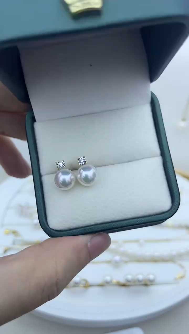 18K金镶嵌耳饰海水珍珠18K金海水akoya7.5-8戴妃耳钉