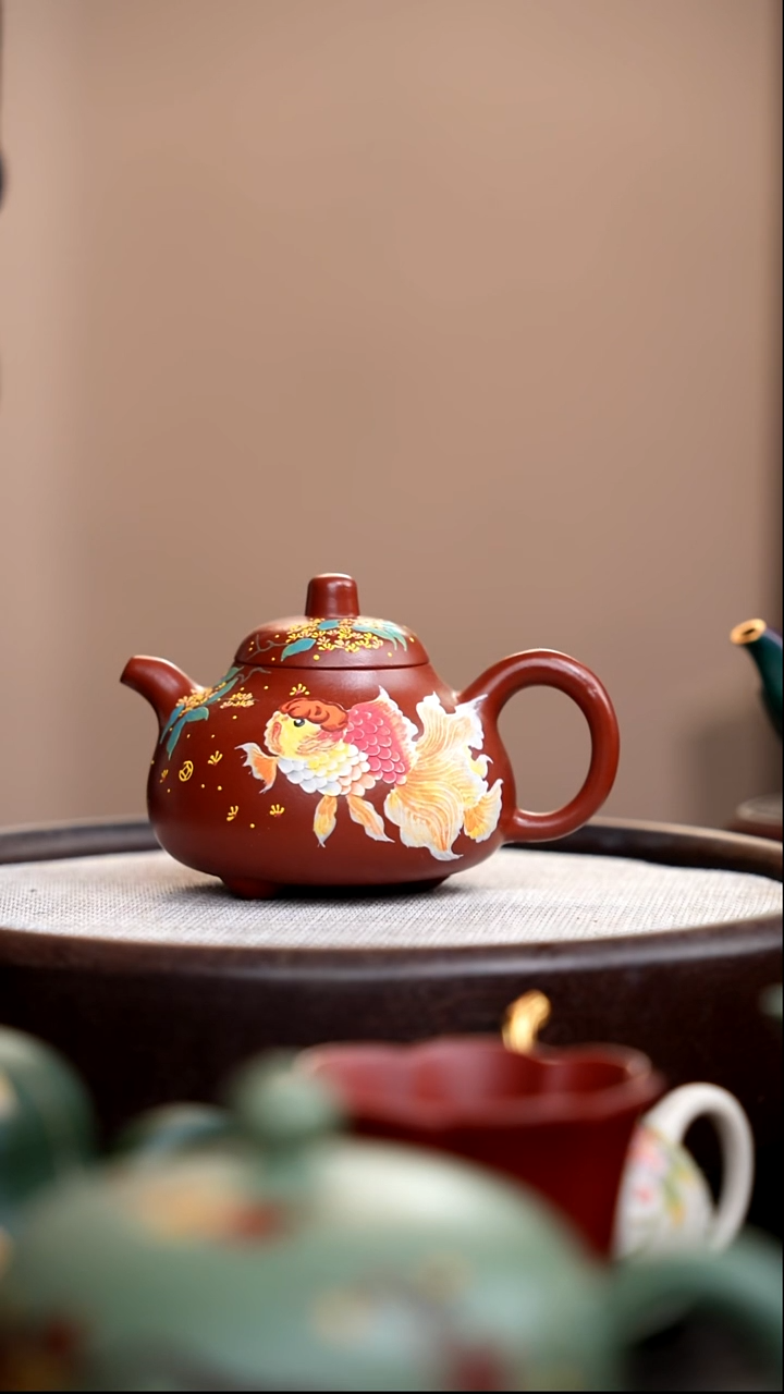 茶壶紫砂朱泥乳鼎泥绘桂花鱼