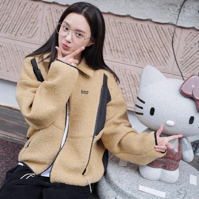 M15 SPELL2024冬季新品拼色羊毛翻领夹克保暖高级小众外套上衣女