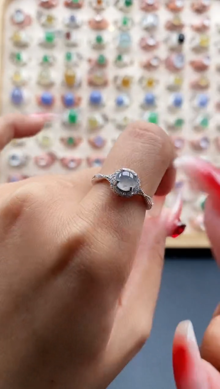 【闪购商品】翡翠戒指银S925镶嵌缅甸天然A货翡翠333 7+