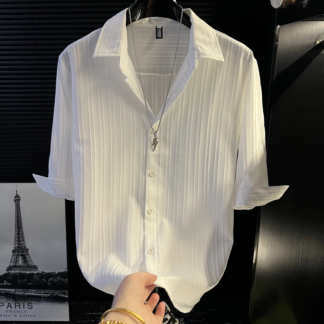 dan-七分袖衬衫男痞帅夏季薄款男士中袖上衣短袖寸衣休闲条纹长袖