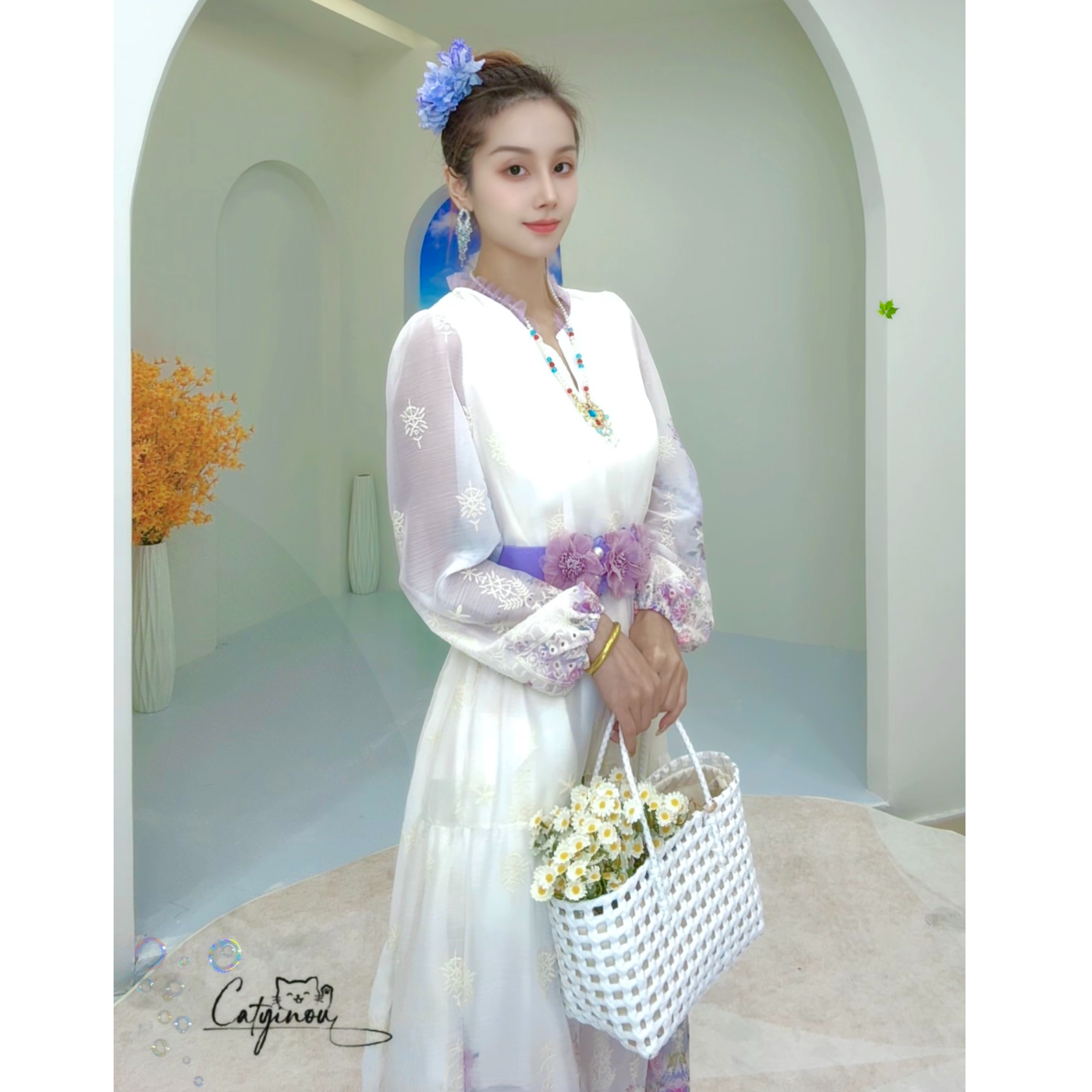 名品汇原创【雾紫流光】重工刺绣花浪漫大裙摆收腰显瘦气质连衣裙