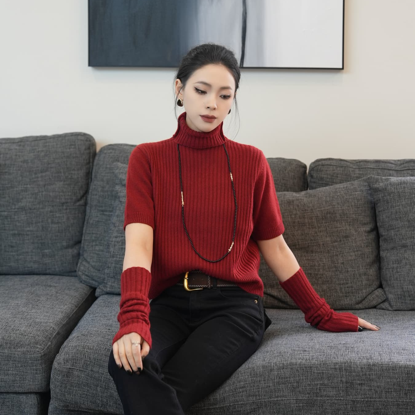 POPULARYW【花艺梦】设计感气质纯色配袖套短款高领毛衣