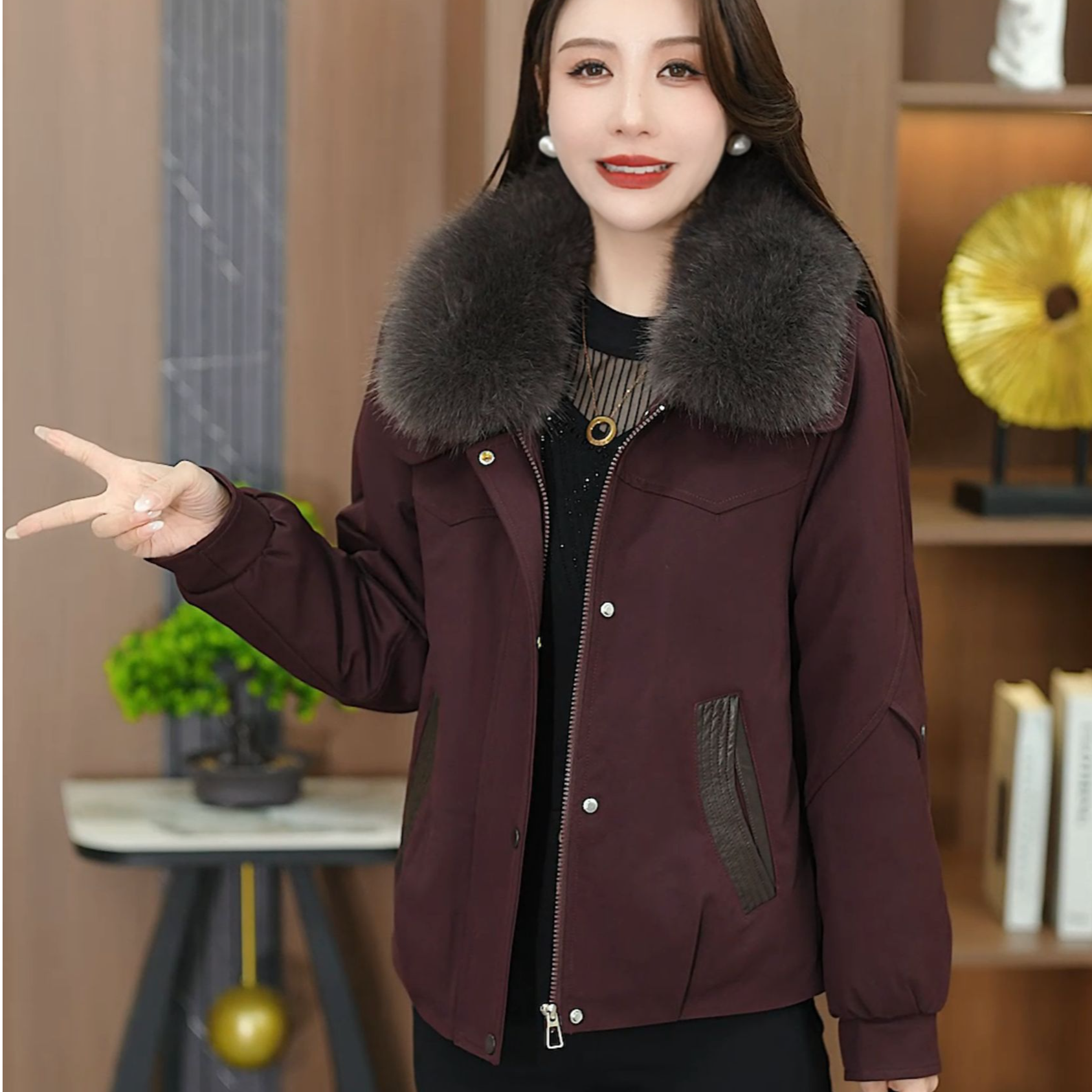 常规款2025厚款长袖POLO领加绒加厚大毛领冬季派克女短款外套ZZ01