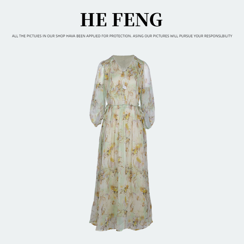 【高定-林姐真丝】手绘花色桑蚕丝连衣裙Y24C9115