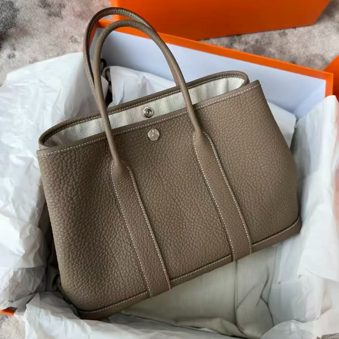 99新 Hermes/爱马仕 爱马仕花园30大象灰银扣tc皮x手提包9115042