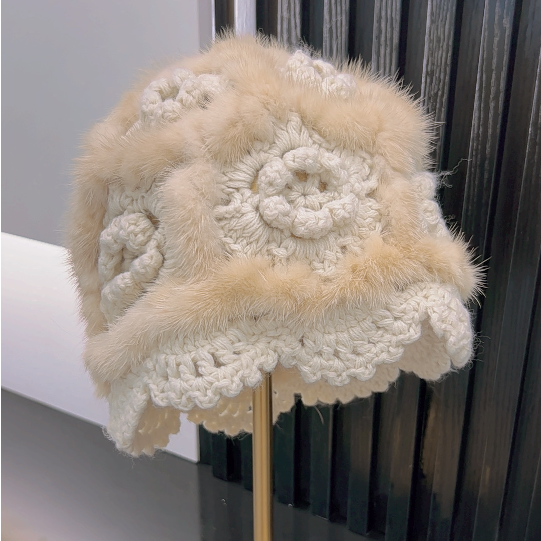 海宁皮革城真毛帽子 秋冬保暖时尚女帽 钩花针织水貂帽 显脸小