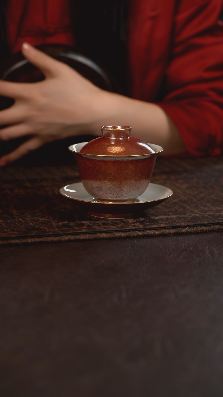 【闪购商品】杯聚澜堂红金花釉三才大盖碗