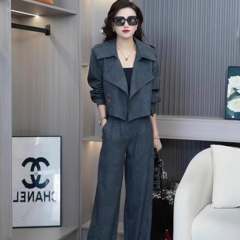 0333早春新款扎染风衣短款外套上衣高腰直筒阔腿裤气质显瘦两件套