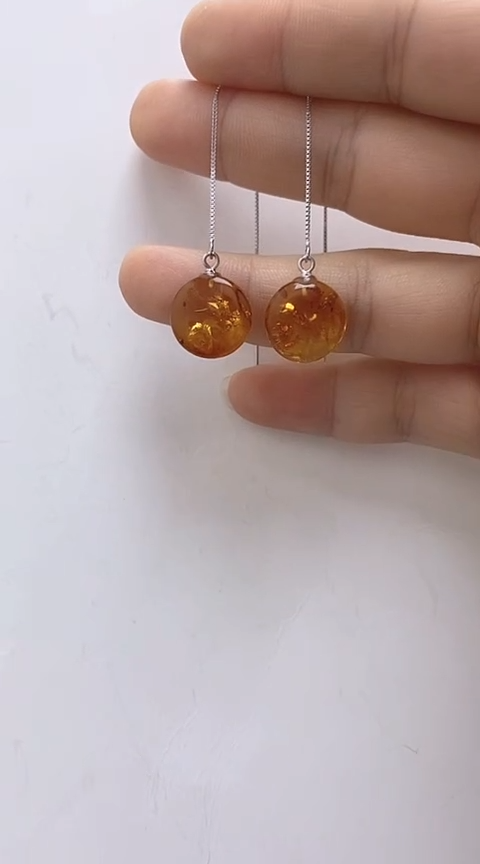 【闪购商品】琥珀裸石银S925镶嵌花珀耳线