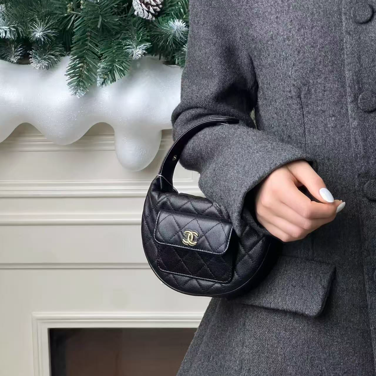 99新 Chanel/香奈儿 25p 呼啦圈黑金荔枝牛单肩包/甄选