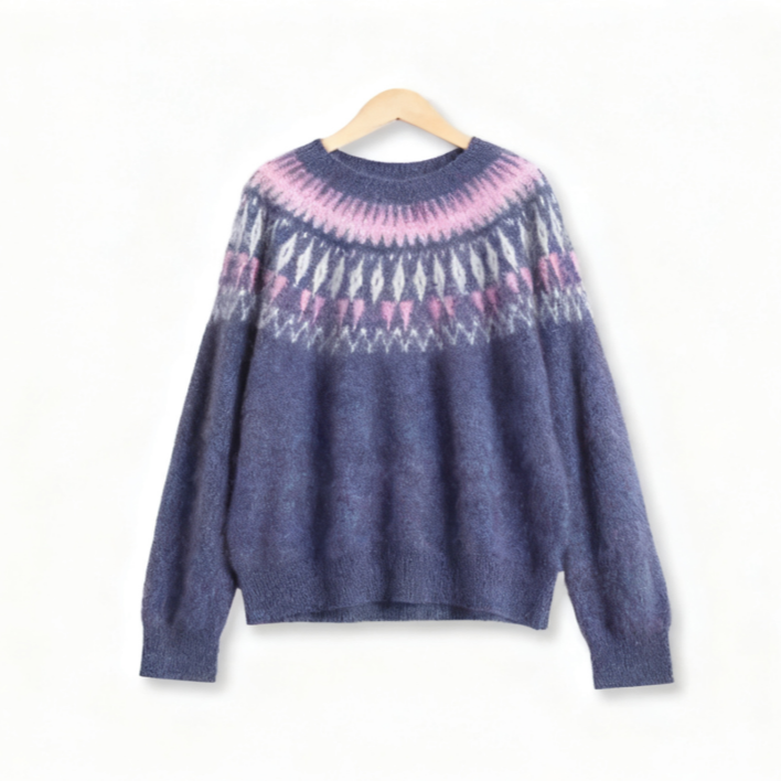 费尔岛圆领复古提花套头羊毛羊绒针织衫A0525YM139