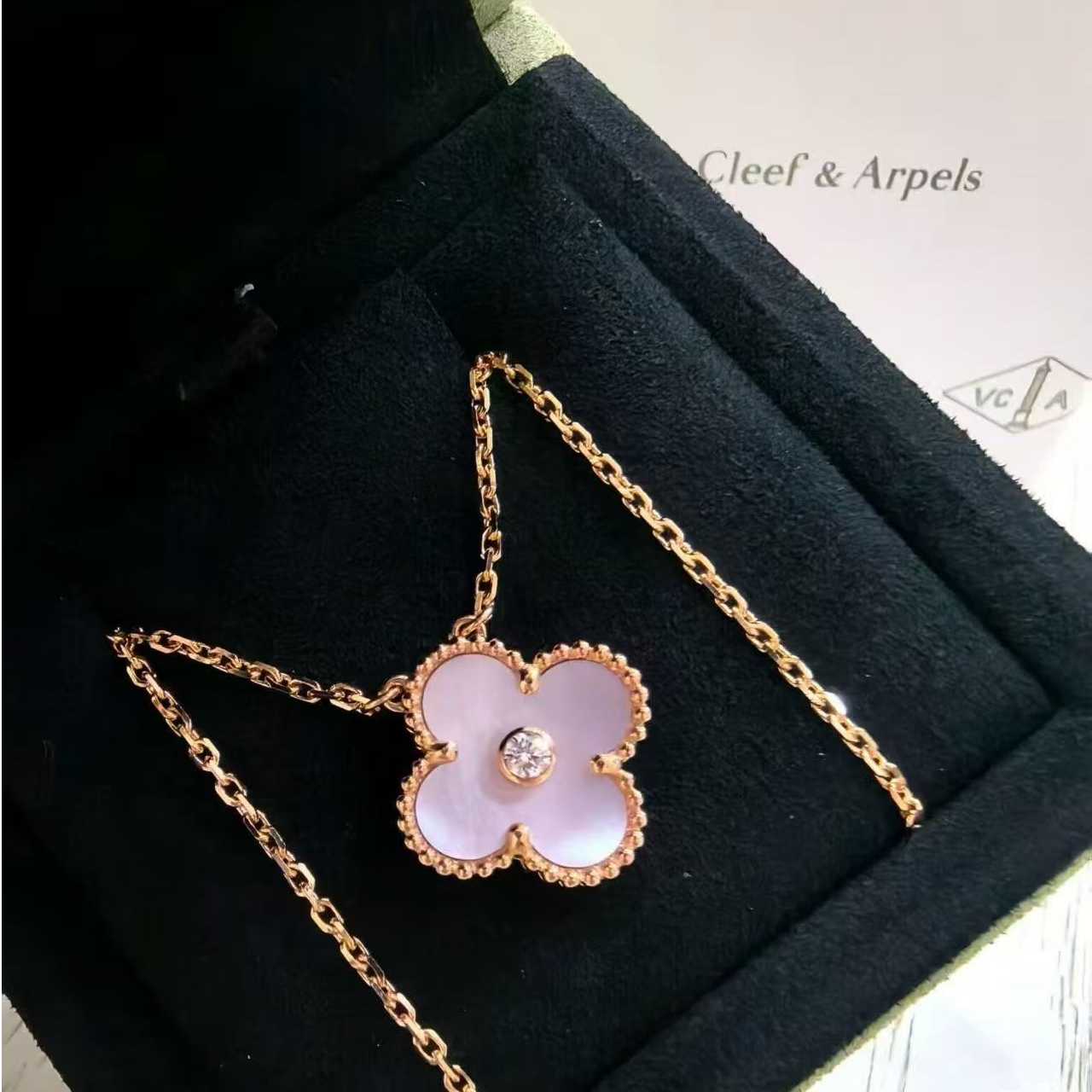 99新 梵克雅宝 小花6枫中号单花项链 25圣诞款 单钻 玫瑰金粉色