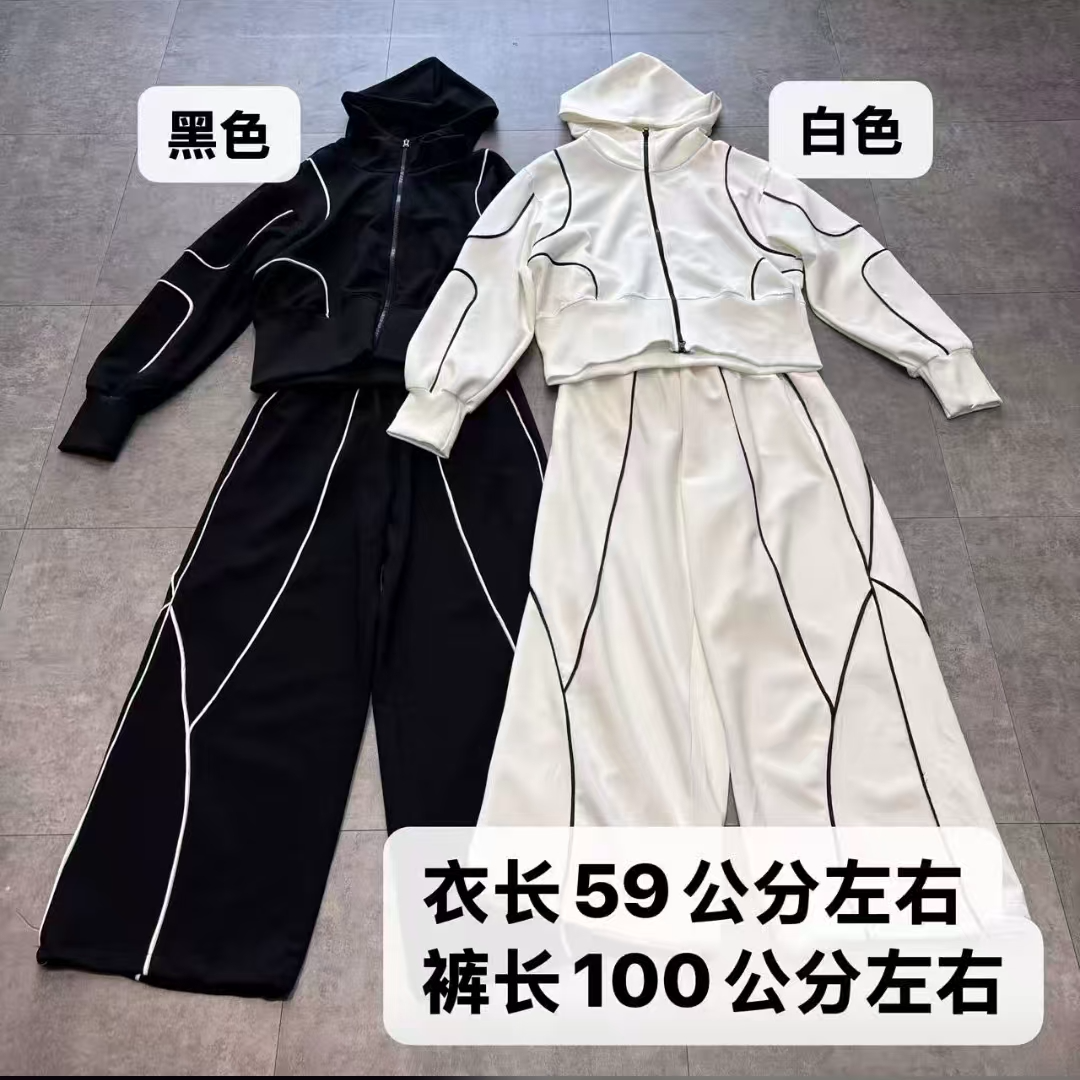 套装休闲春秋款拼接显瘦气质运动白色时尚黑色连帽收腰