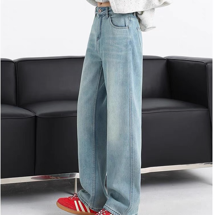 3668#浅色直筒牛仔裤女2025春季高腰垂感宽松窄版阔腿裤（裤长102)