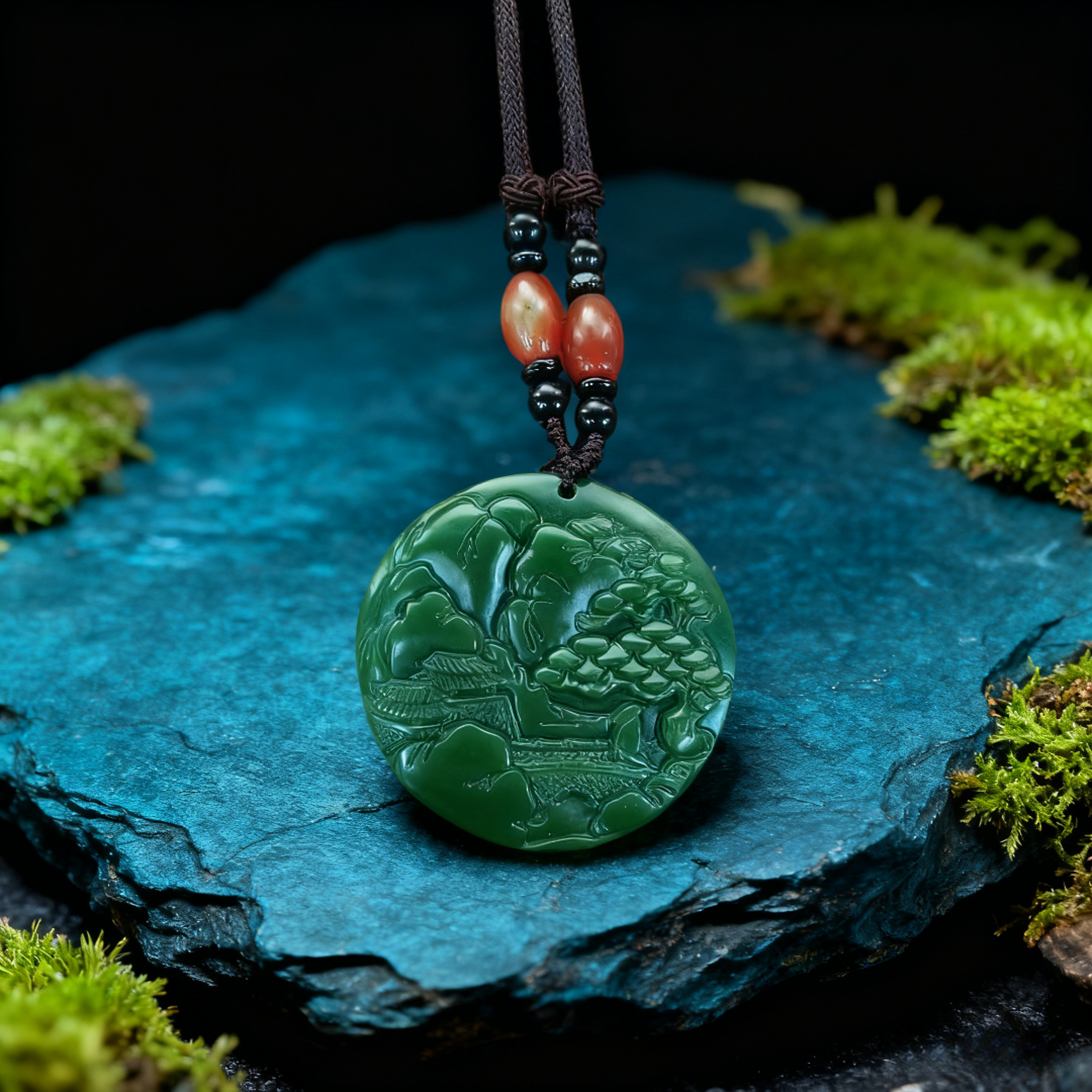 YLY-G6 深绿山水圆牌挂坠 雕纹工艺 黑绳红珠搭配 戴上显雅致