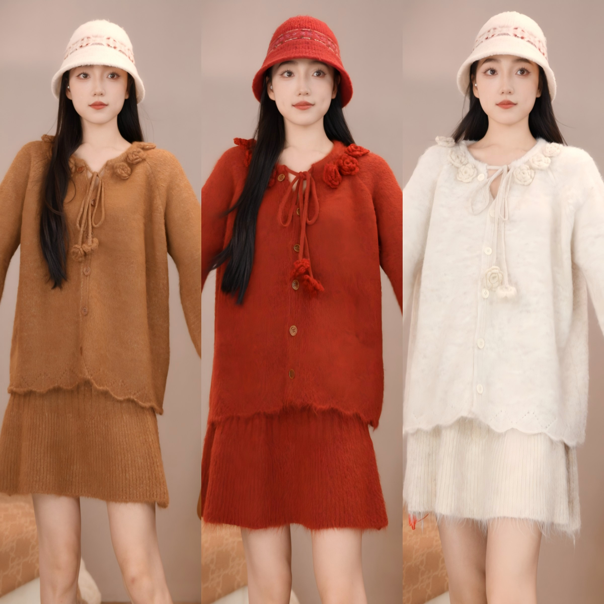 唐乐乐｜25new秋冬氛围感休闲手工钩花长袖上衣+半身裙套装 BF2636