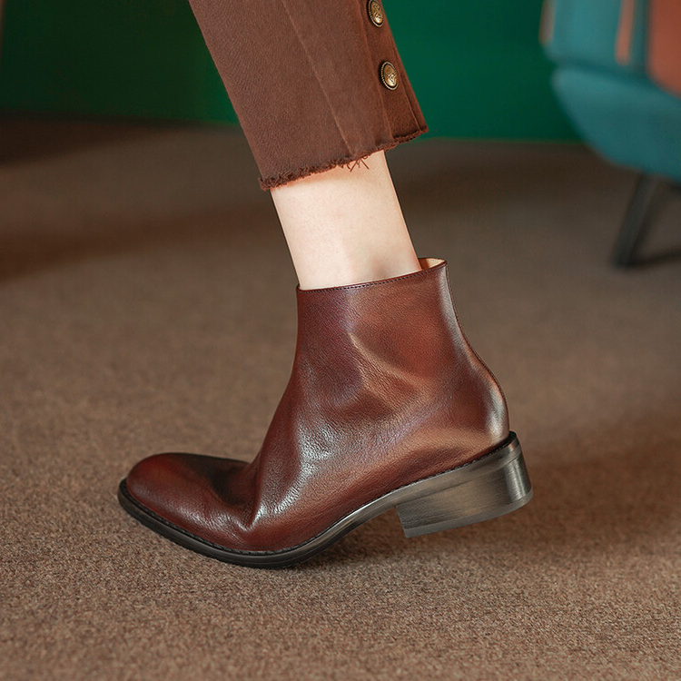 【跟高3.5公分】【尺码34-40】新款百搭短筒真皮圆头粗跟舒适短筒靴