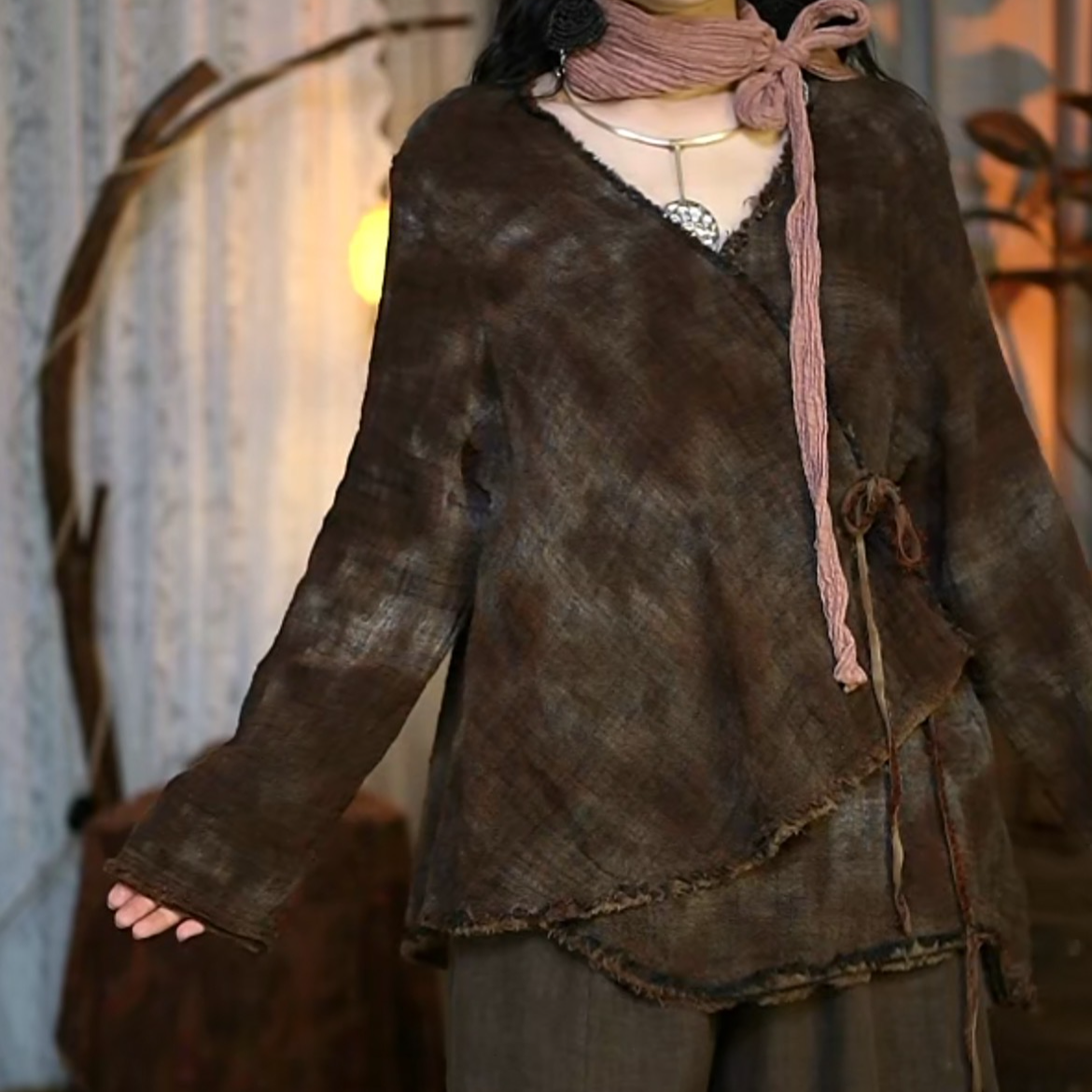 H803179雨露麻扎染厚织汉服款秋冬季长袖气质女士衬衫