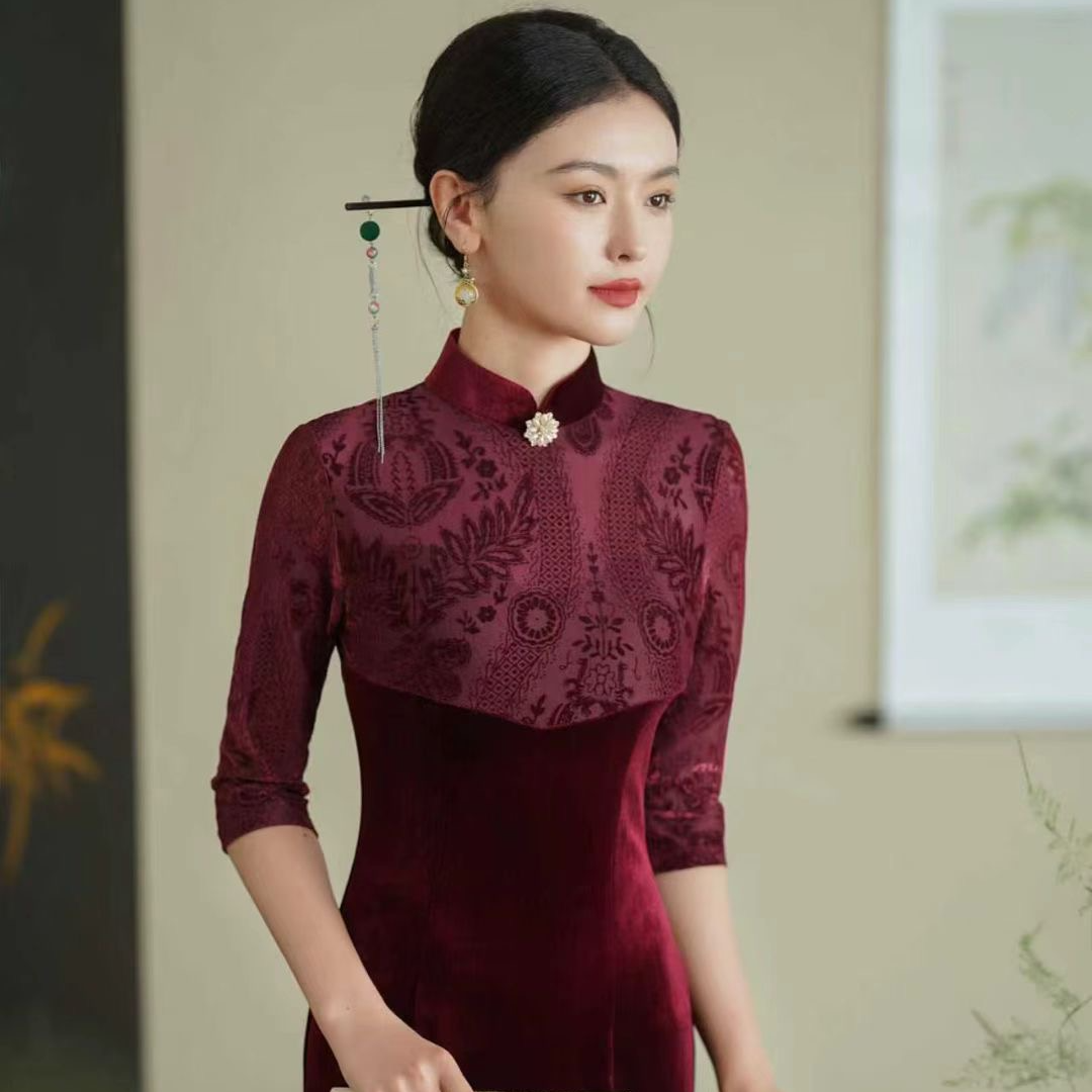 中国风复古港风日常变色旗袍气质时尚复古显瘦绿色中长款