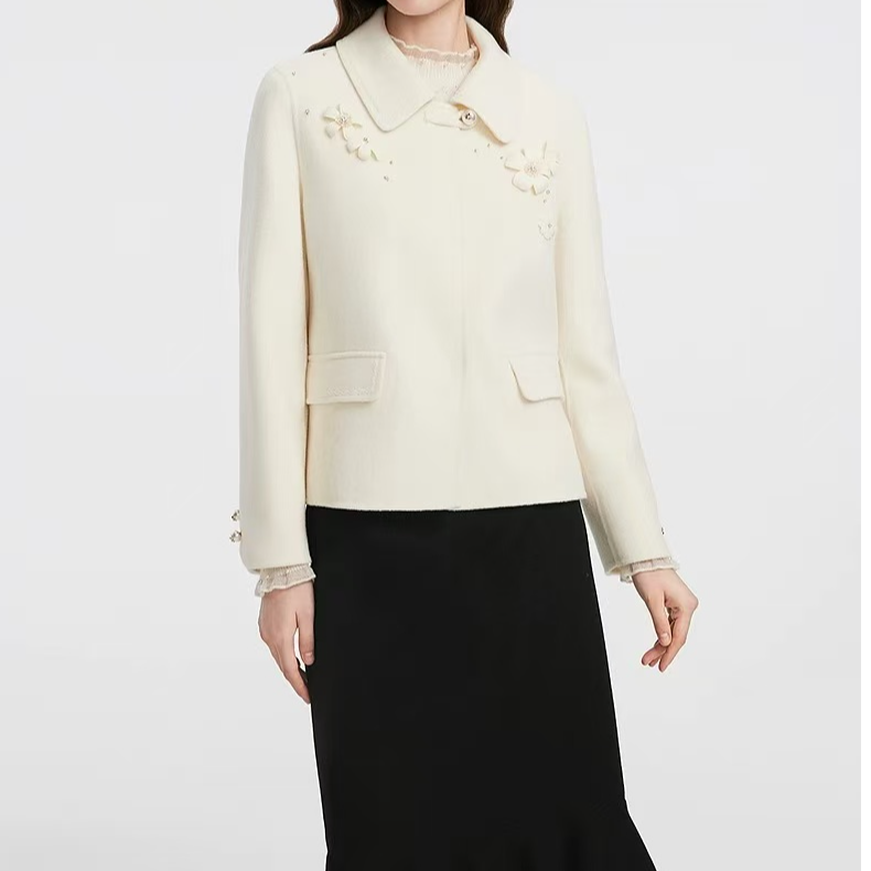 【拉】立体花钉珠毛呢外套女士长袖常规秋冬季短款保暖气质LWT001