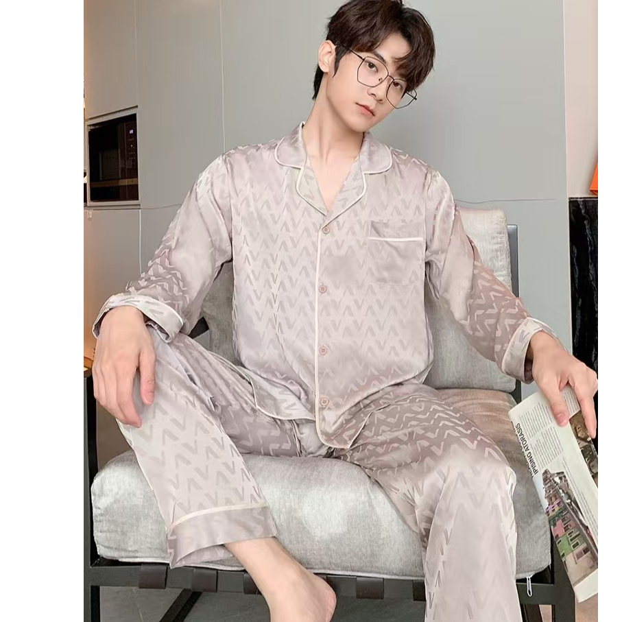  2025年男款夏季新款高品质冰丝睡衣两件套长袖长裤