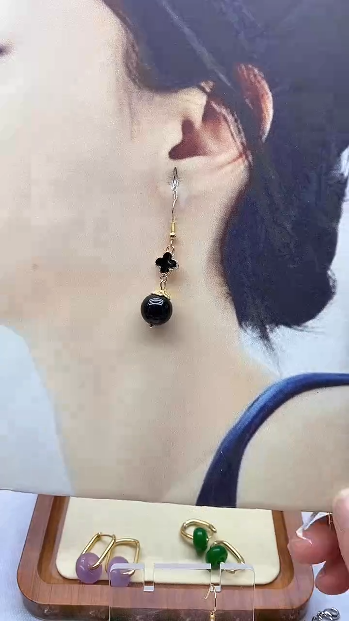 【闪购商品】黑曜岩耳饰银S925镀金镶嵌12