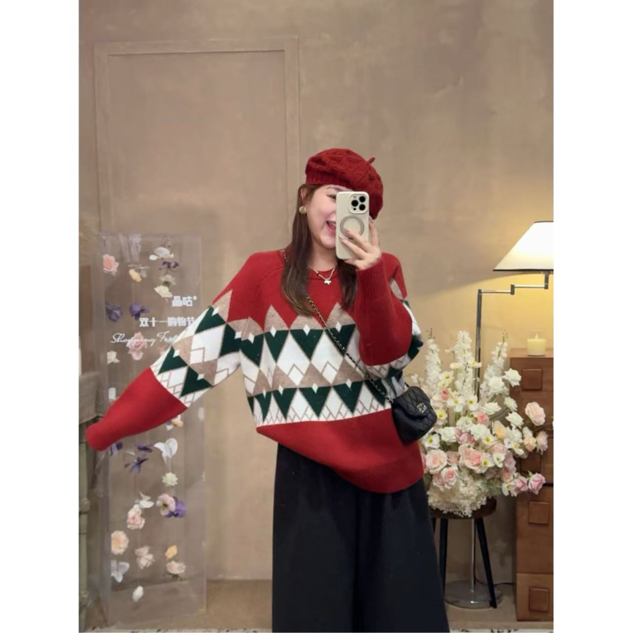 晶咕佳佳【节日圣典】菱格撞色圆领套头毛衣时尚百搭复古秋冬慵懒风