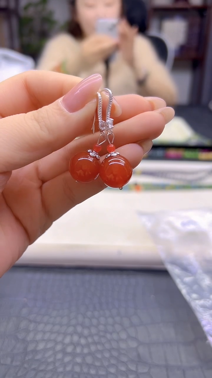 银S925镶嵌南红玛瑙耳饰DIY款E971