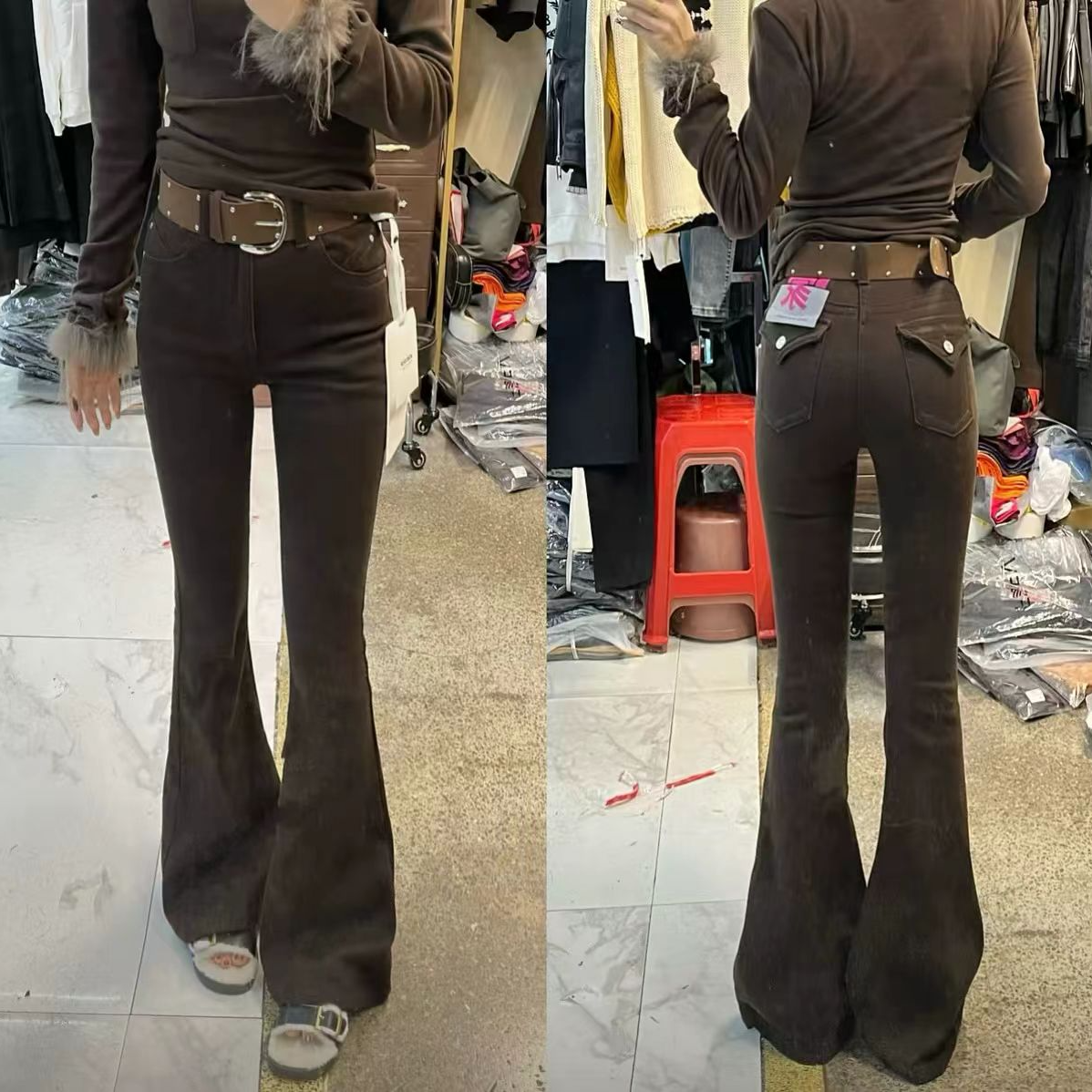 加绒喇叭裤   爆款高腰修身显瘦显腿长百搭气质款牛仔喇叭裤67532