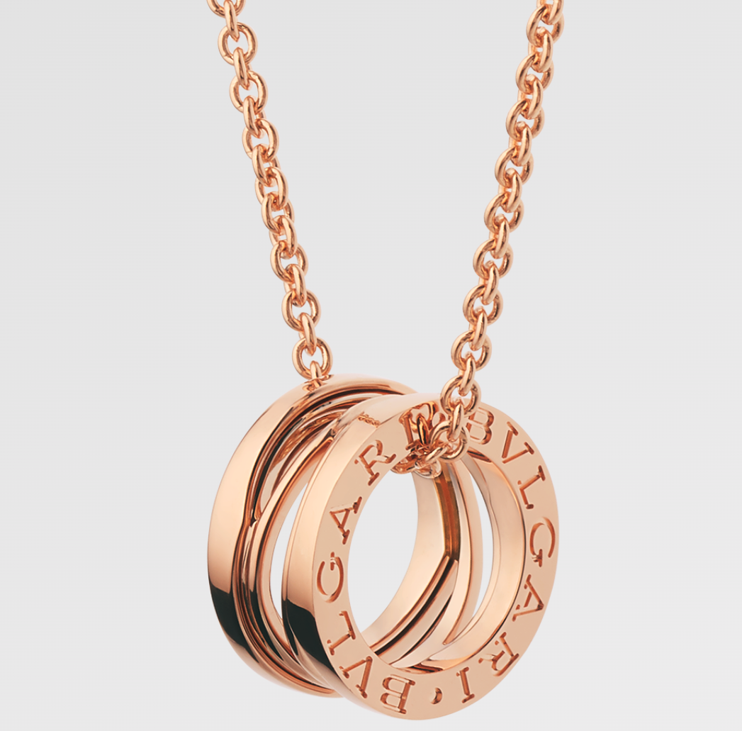 99新 BVLGARI/宝格丽 弹簧镂空传奇玫瑰金项链坠链双环双圈时尚