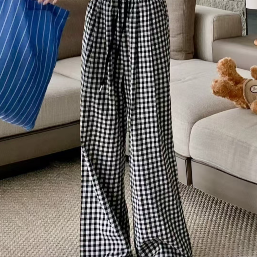 【格子】高腰阔腿裤松紧腰格子夏季休闲裤休闲格子裤百搭薄款