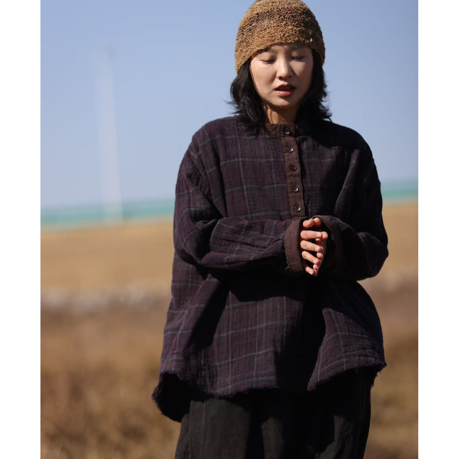 古蘭木-原创设计经典格子麻棉双层套头上衣6931