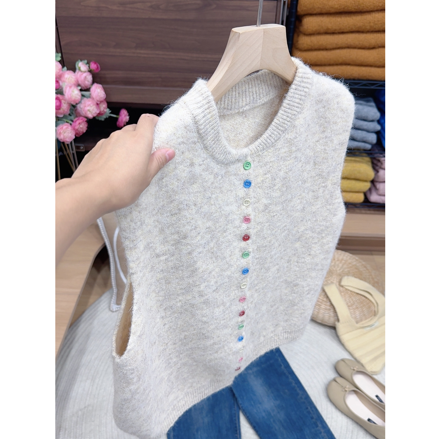 韩系简约开衫新款圆领女装马甲潮
