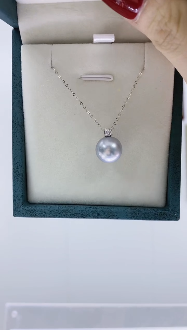 【闪购商品】海水珍珠项链18K金镶嵌铂金灰吊坠11-12mm