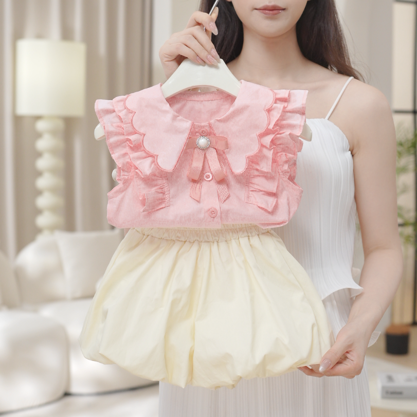 2025夏季女童薄款洋气蝴蝶结无袖上衣花苞裙裤两件套套装SA3073