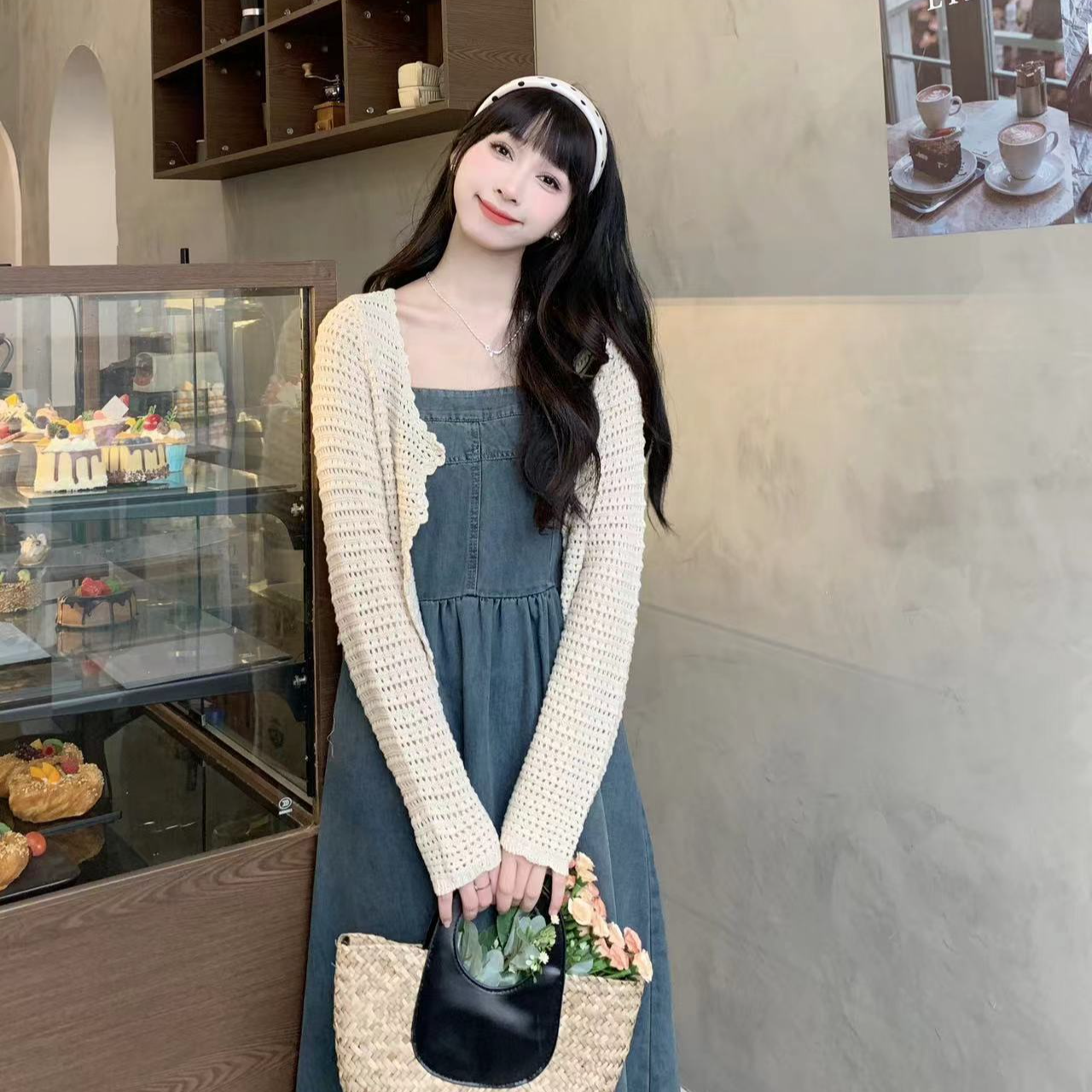 法式新款吊带牛仔连衣裙女夏季遮肉显瘦裙子开衫套装女