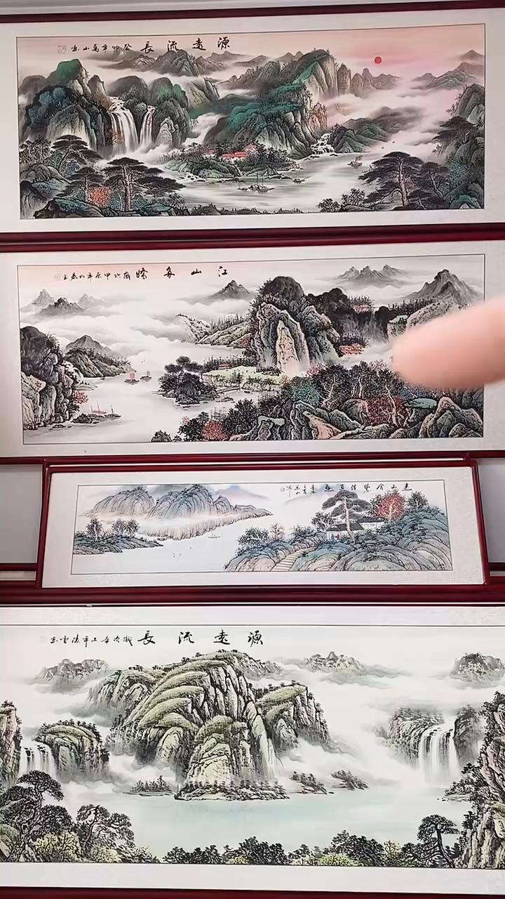 国画纯手绘国画山水215*85CM带框装饰字画