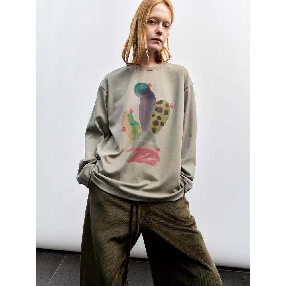 SHANG1 BY SHANGYI长袖t恤女2025新款印花圆领长袖慵懒松弛感上衣