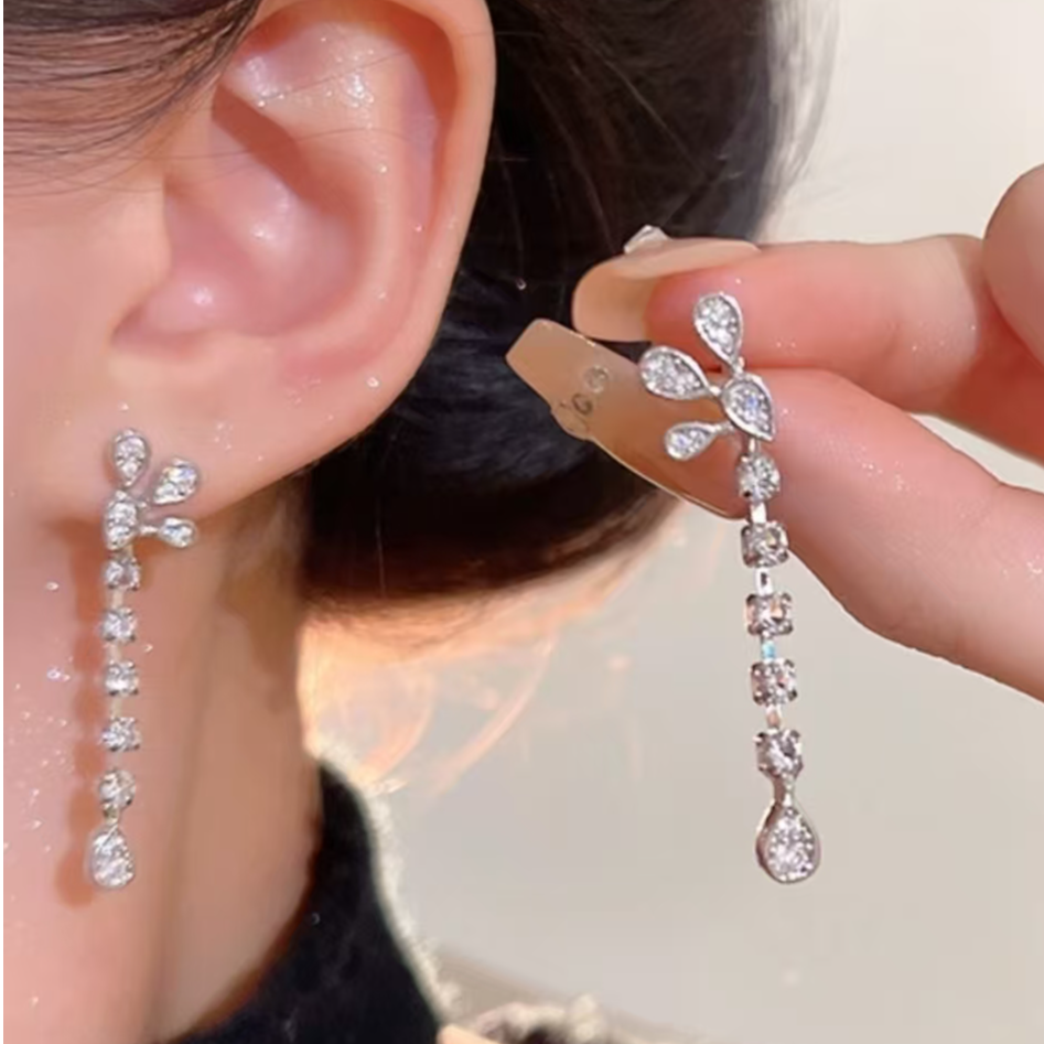 合金耳饰 A23爆闪长款流苏花朵耳钉