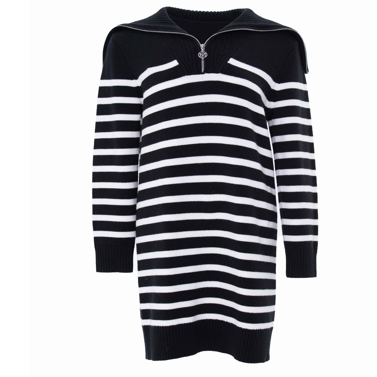 【粉丝专属】中长裙荡领连衣裙女士黑白针织拉链长款长袖翻领条纹