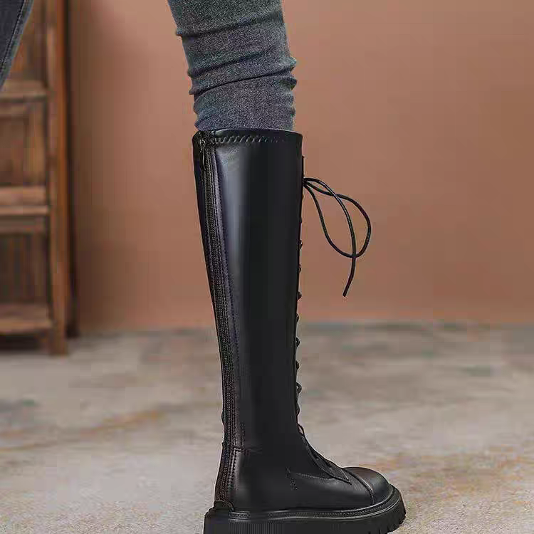 DY2624 真皮长筒靴女内增高2024新款骑士靴厚底显瘦系带高筒靴