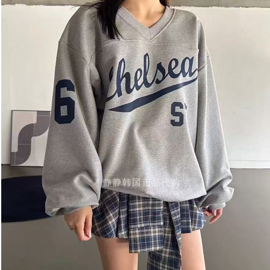 洋气大码2025美式复古字母新款宽松圆领印花卫衣斜肩休闲上衣长袖