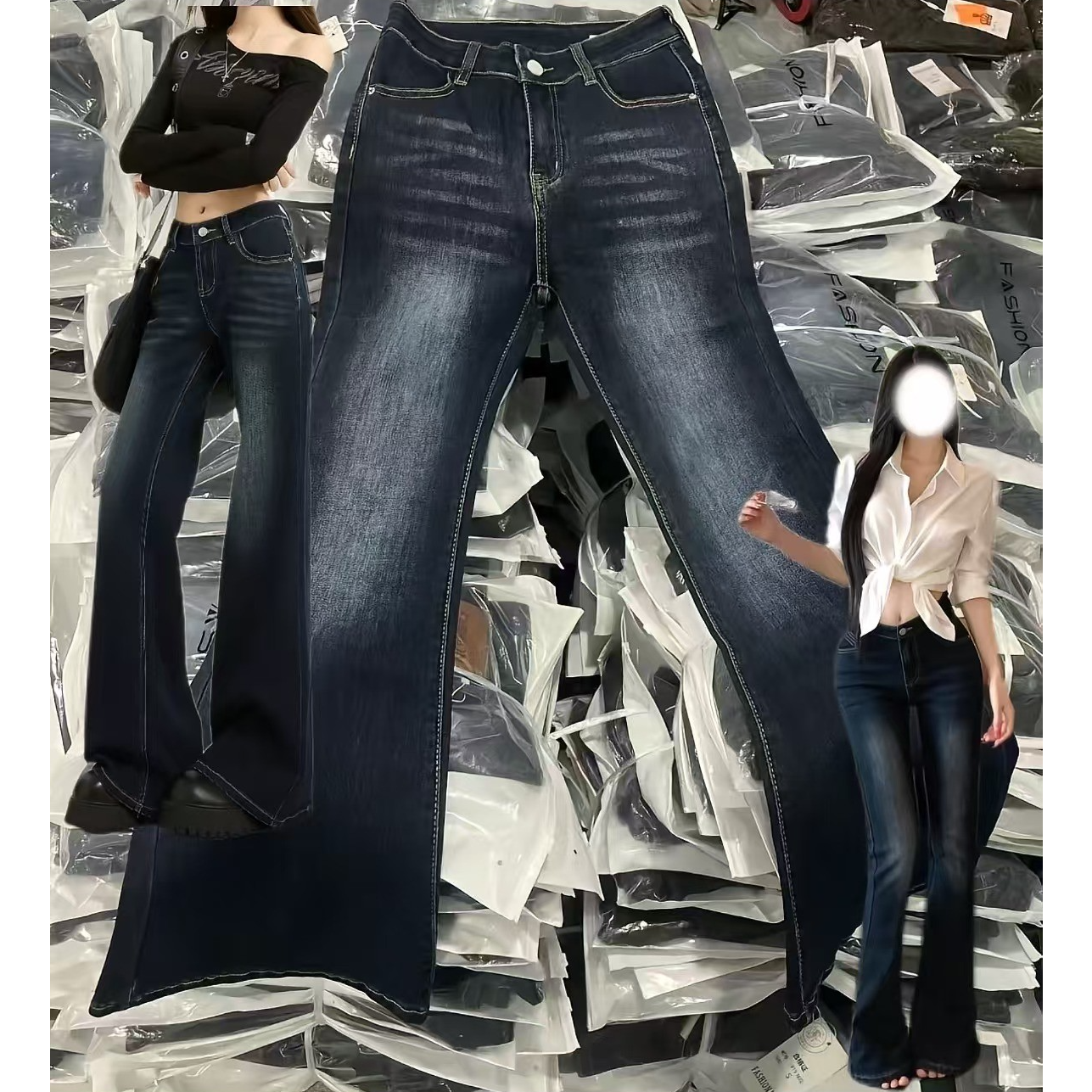 胖鹅张~"注意点小图看裤长"美式复古水洗低腰弹力牛仔喇叭裤#1819