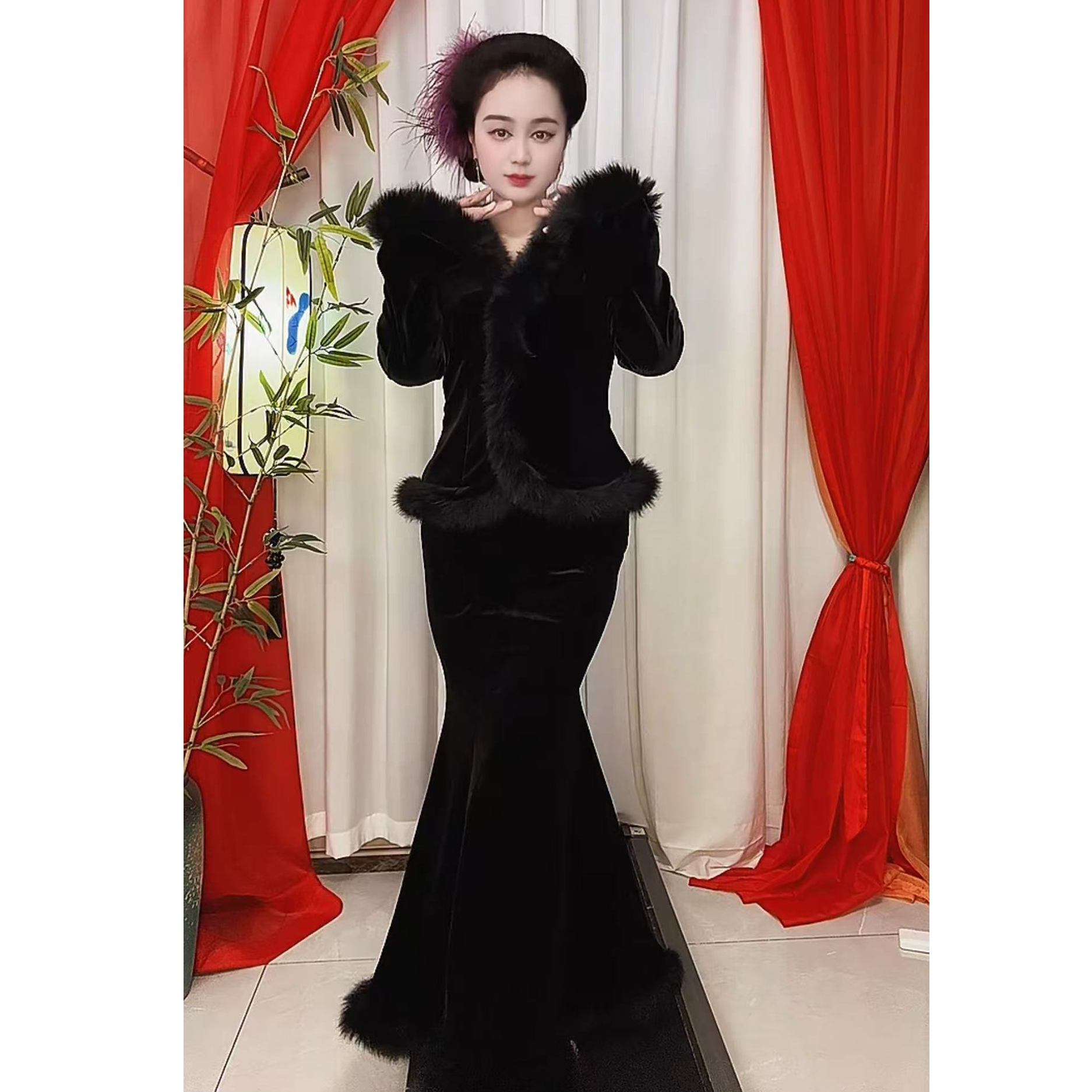 长袖修身黑色分体鱼尾裙显瘦国风裙子长款秋冬优雅裙子